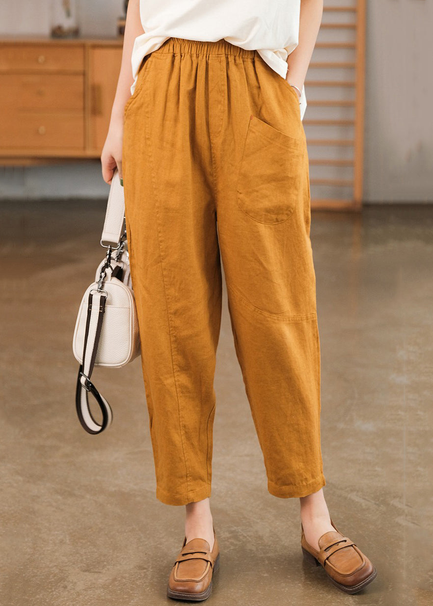 New Orange Pockets Elastic Wais Patchwork Cotton Summer Crop Pants