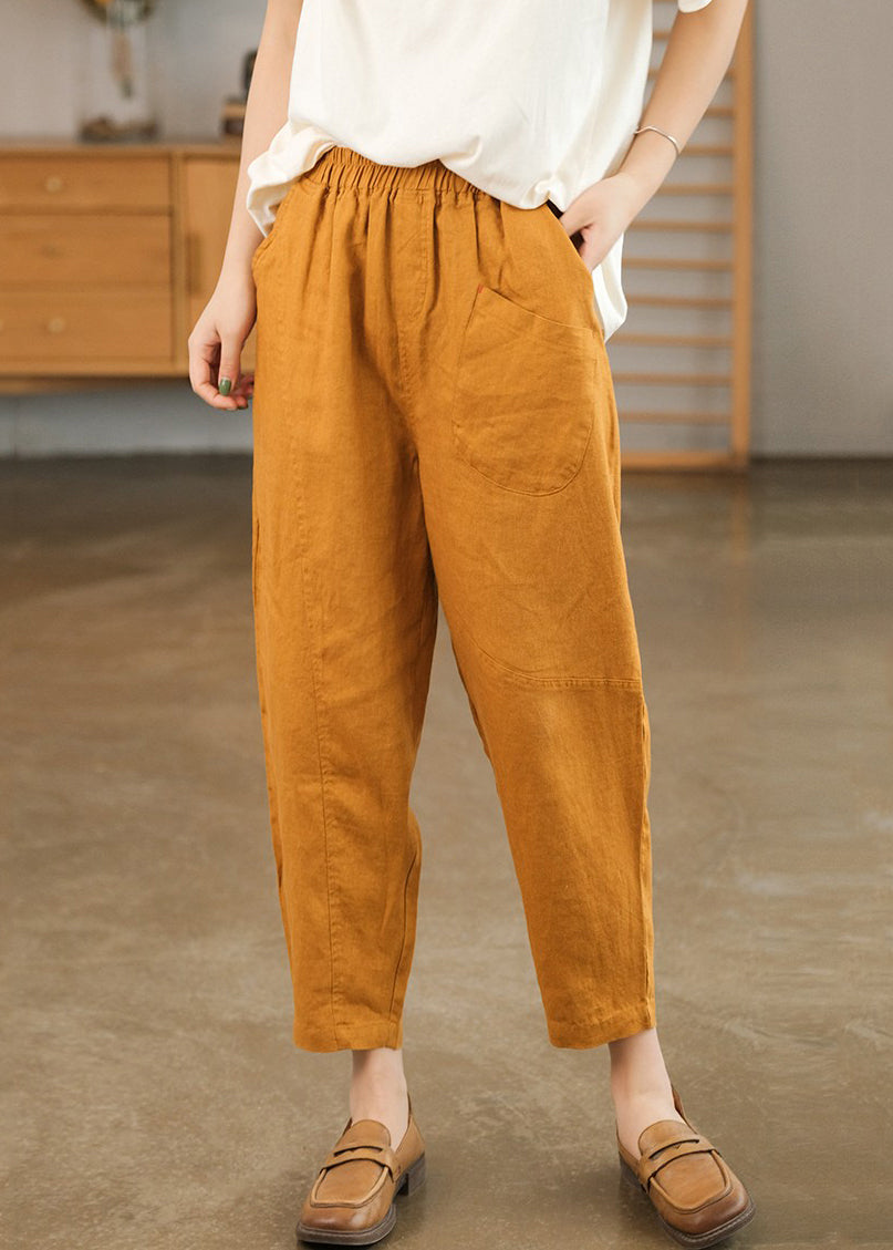 New Orange Pockets Elastic Wais Patchwork Cotton Summer Crop Pants