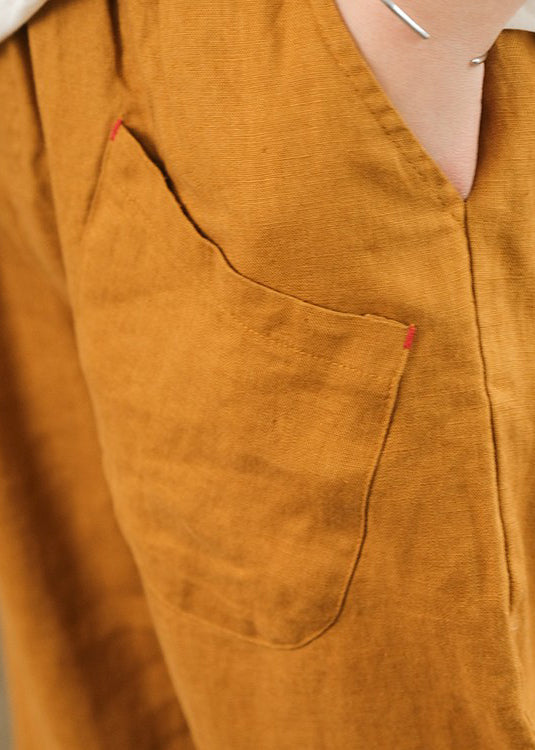 New Orange Pockets Elastic Wais Patchwork Cotton Summer Crop Pants