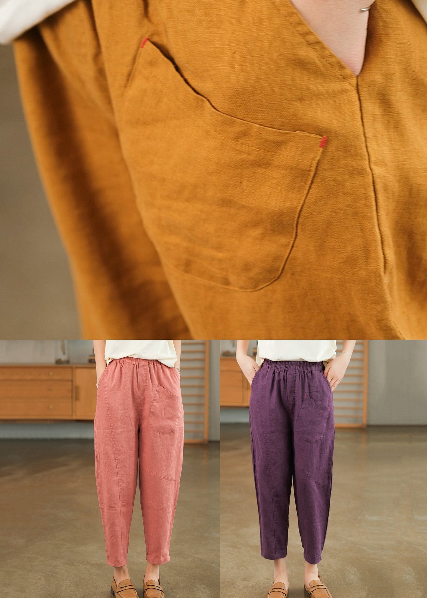 New Orange Pockets Elastic Wais Patchwork Cotton Summer Crop Pants