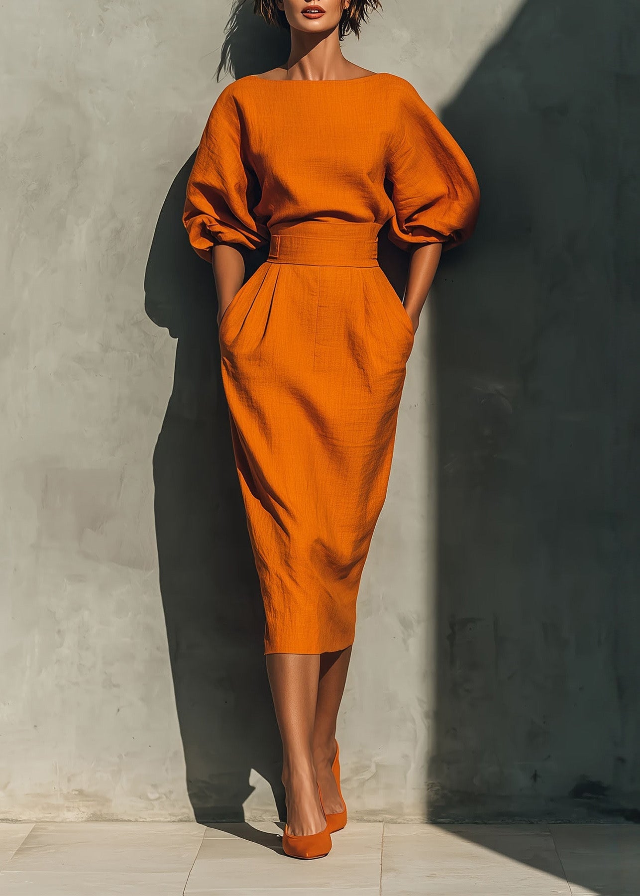 New Orange Pockets Puff Sleeve Cotton Long Dresses
