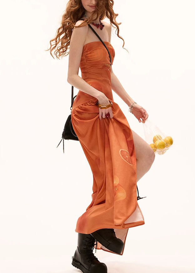 New Orange Print Wrinkled Side Open Cotton Maxi Dresses Sleeveless