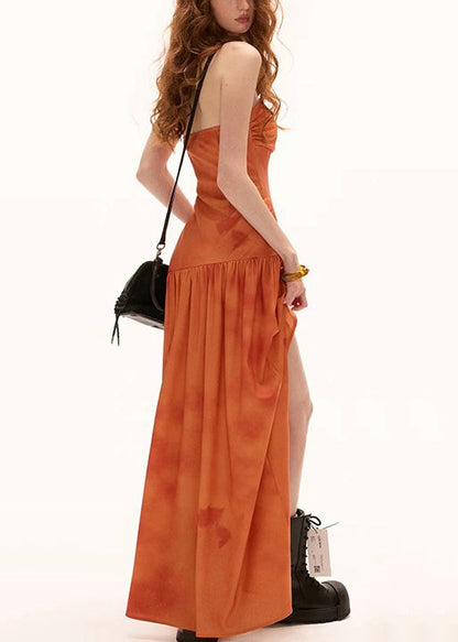 New Orange Print Wrinkled Side Open Cotton Maxi Dresses Sleeveless