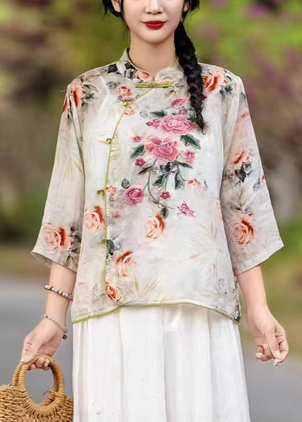 New Orange Stand Collar Print Linen Shirts Fall