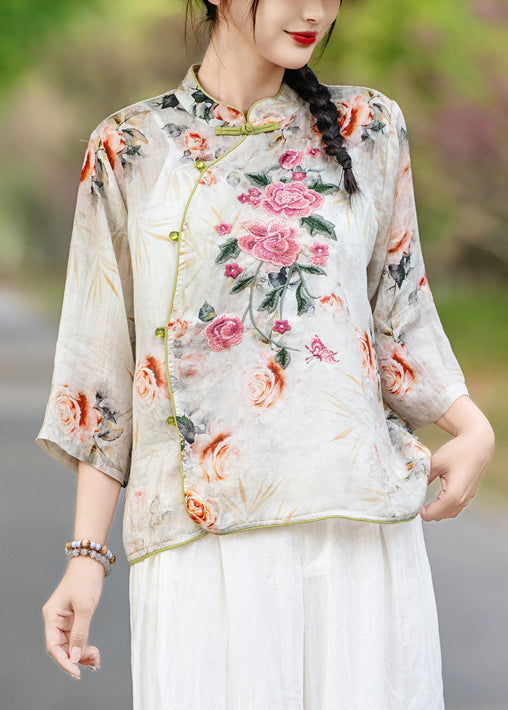 New Orange Stand Collar Print Linen Shirts Fall