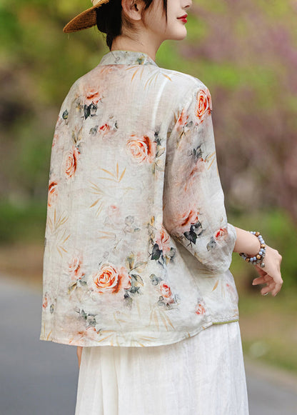 New Orange Stand Collar Print Linen Shirts Fall