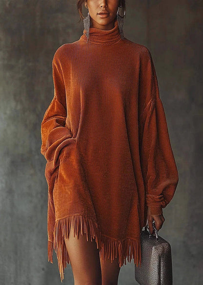 New Orange Tasseled Patchwork Corduroy Dresses Spring