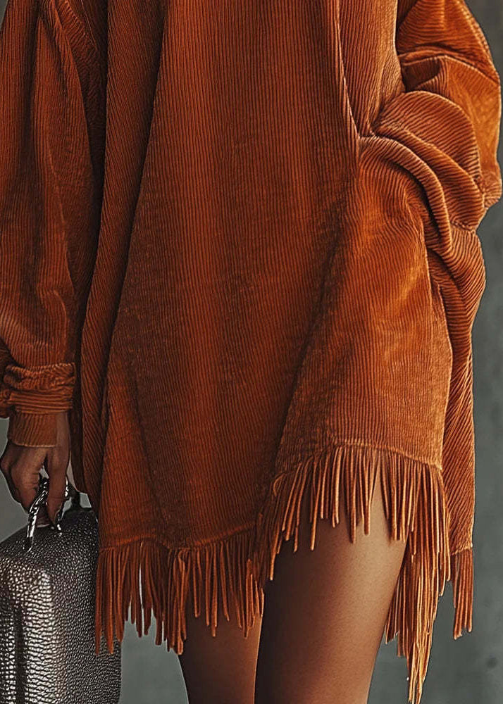 New Orange Tasseled Patchwork Corduroy Dresses Spring