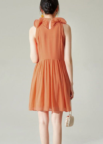 Neu Orange Falten Solid Chiffon Midi Kleid Ärmellos