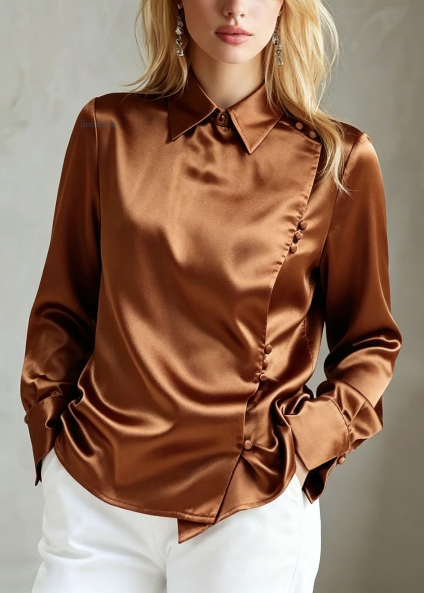 New Peter Pan Collar Button Silk Shirts Top Fall