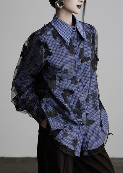 Nuevas blusas de algodón con cuello Peter Pan, cuadros y mariposas bordadas para primavera