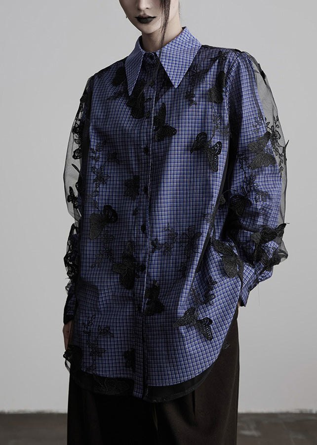 Nuevas blusas de algodón con cuello Peter Pan, cuadros y mariposas bordadas para primavera