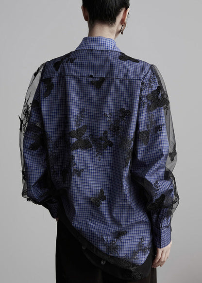 Nuevas blusas de algodón con cuello Peter Pan, cuadros y mariposas bordadas para primavera