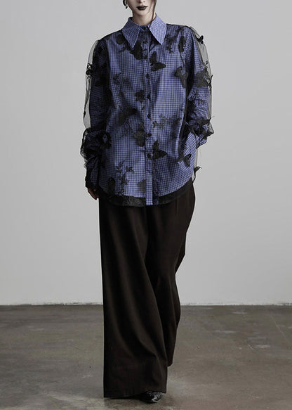 Nuevas blusas de algodón con cuello Peter Pan, cuadros y mariposas bordadas para primavera