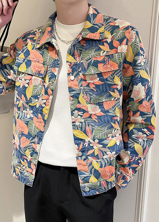 New Peter Pan Collar Print Pockets Denim Mens Coats Fall