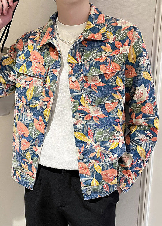 New Peter Pan Collar Print Pockets Denim Mens Coats Fall