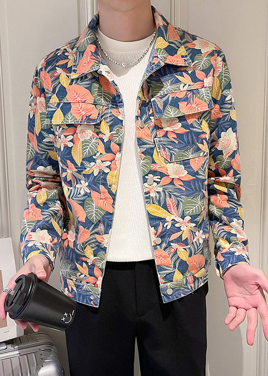 New Peter Pan Collar Print Pockets Denim Mens Coats Fall