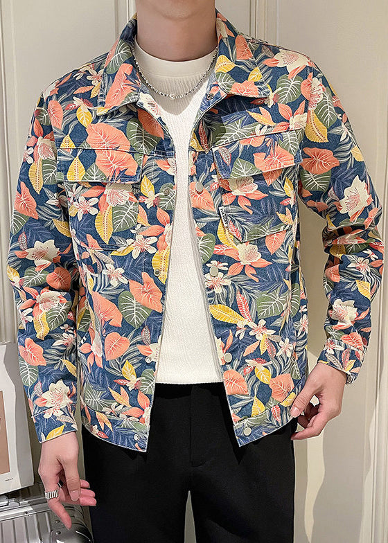 New Peter Pan Collar Print Pockets Denim Mens Coats Fall