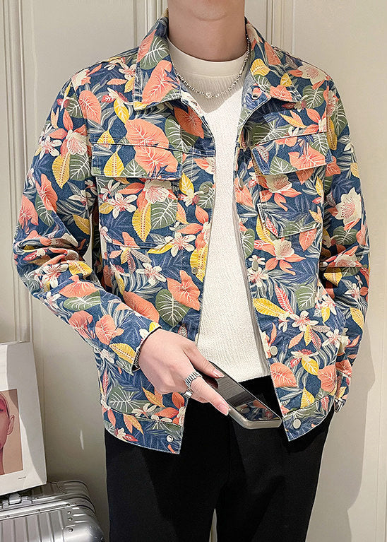 New Peter Pan Collar Print Pockets Denim Mens Coats Fall