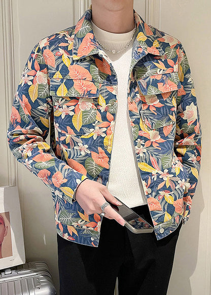 New Peter Pan Collar Print Pockets Denim Mens Coats Fall