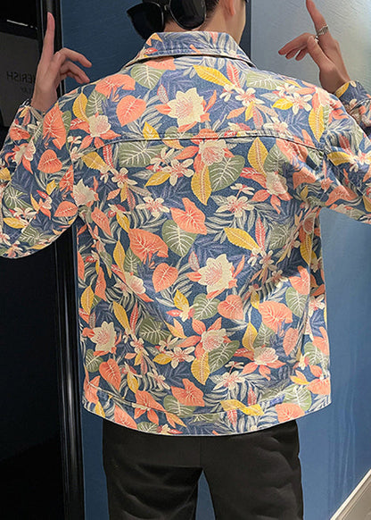 New Peter Pan Collar Print Pockets Denim Mens Coats Fall