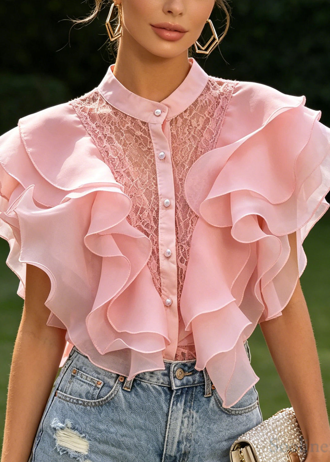 New Pink Chiffon Ruffled Patchwork Lace Blouses Summer