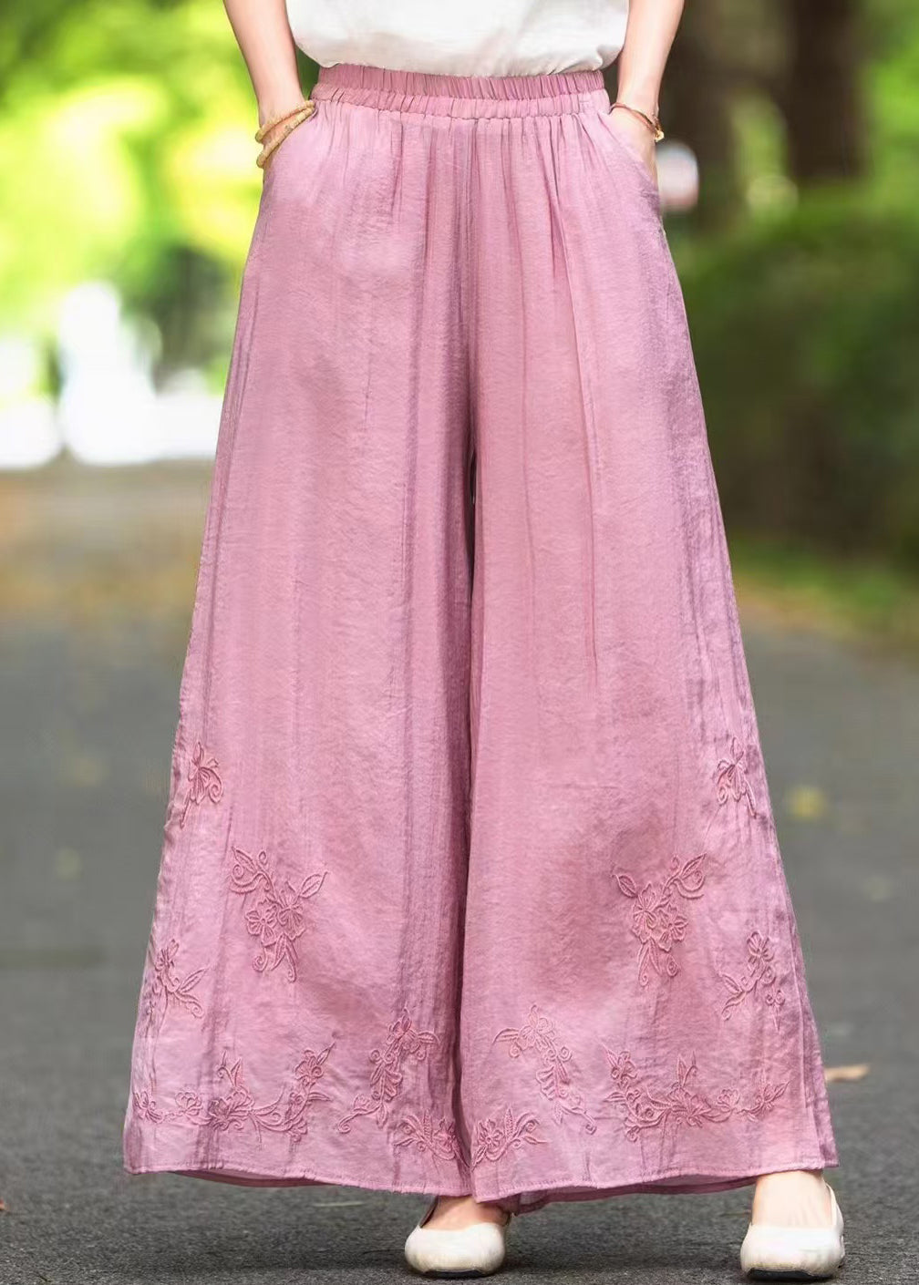 New Pink Embroidered Elastic Waist Silk Wide Leg Pants Summer