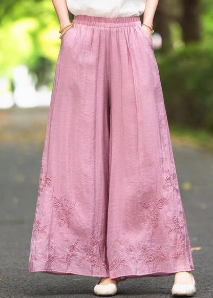 New Pink Embroidered Elastic Waist Silk Wide Leg Pants Summer