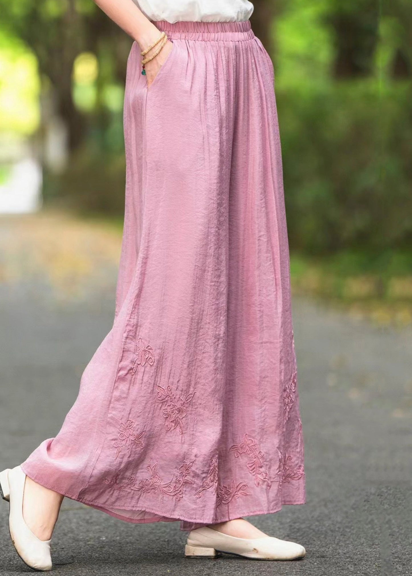 New Pink Embroidered Elastic Waist Silk Wide Leg Pants Summer