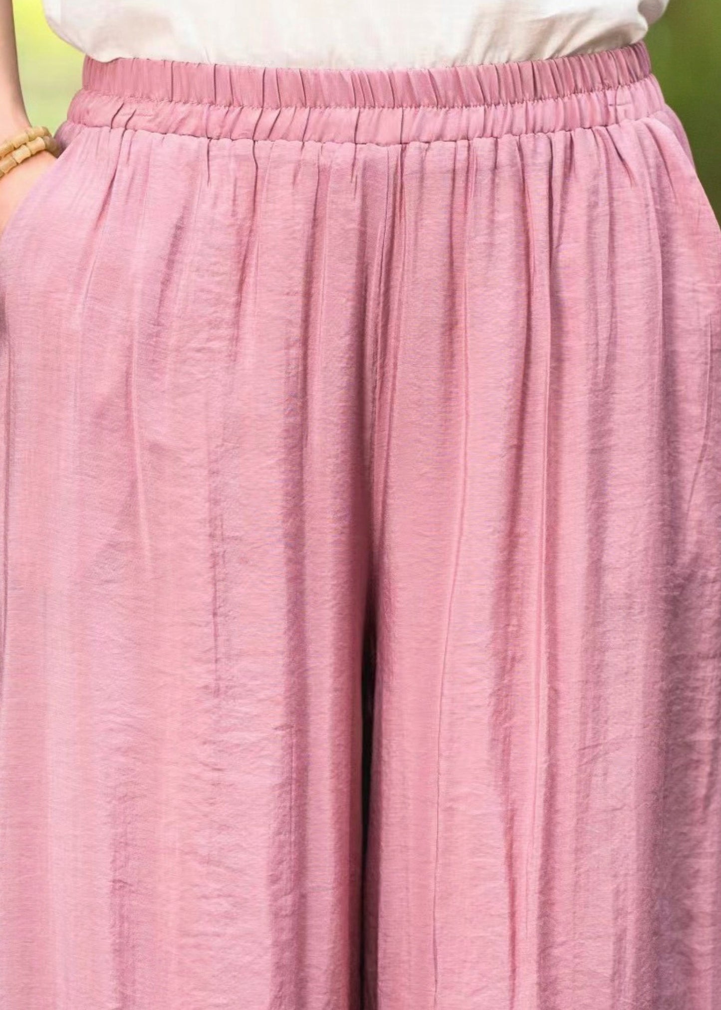New Pink Embroidered Elastic Waist Silk Wide Leg Pants Summer
