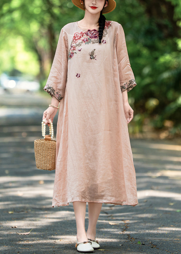 New Pink Embroidered Side Open Linen Long Dress Fall
