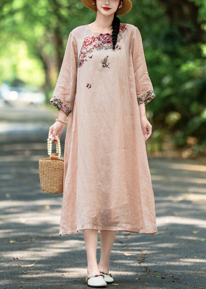 New Pink Embroidered Side Open Linen Long Dress Fall