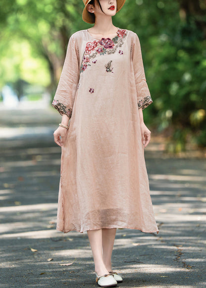 New Pink Embroidered Side Open Linen Long Dress Fall