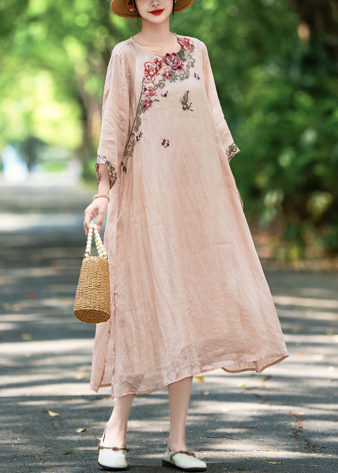 New Pink Embroidered Side Open Linen Long Dress Fall