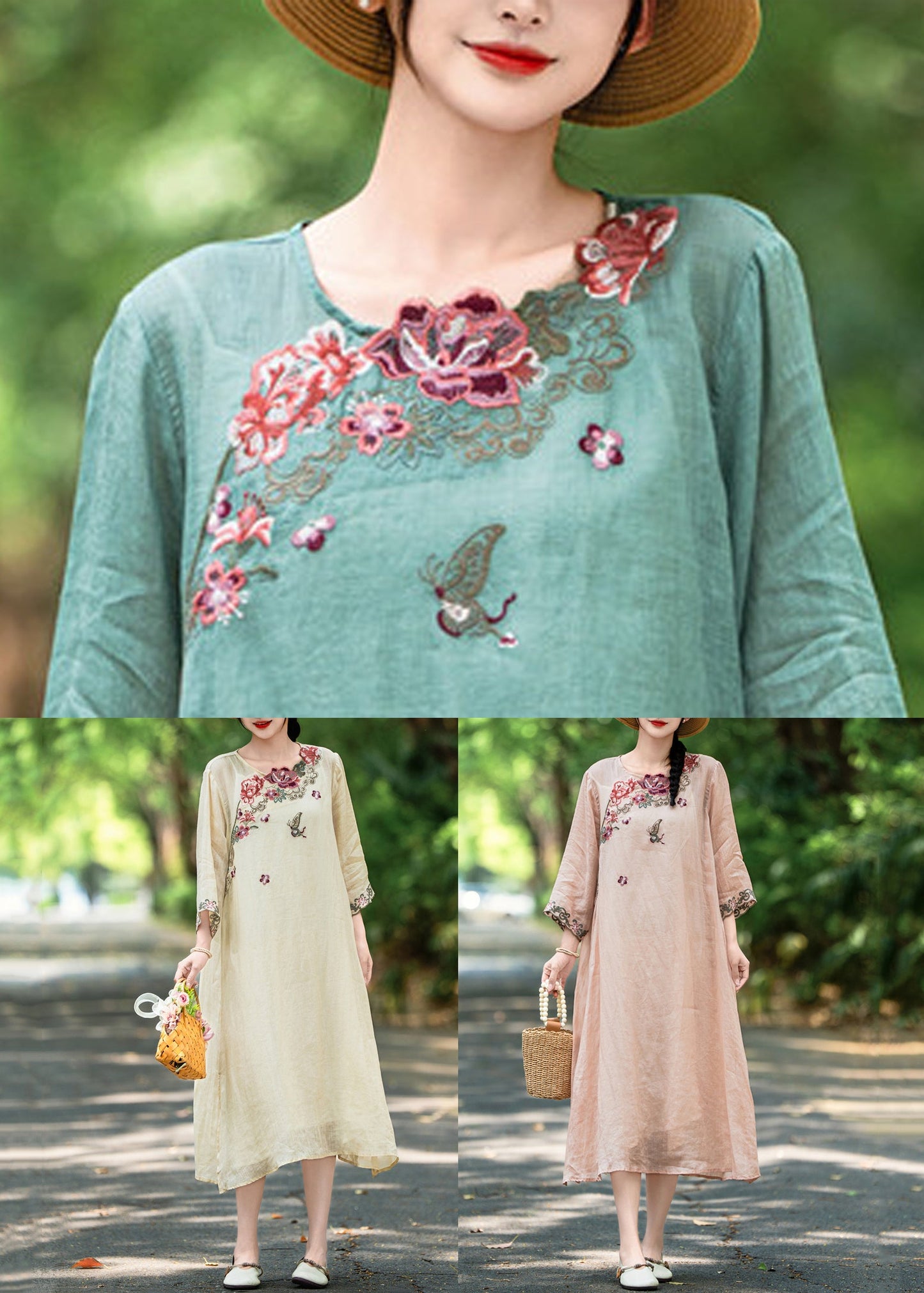 New Pink Embroidered Side Open Linen Long Dress Fall