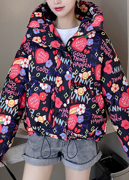 New Pink Hooded Pockets Print Fine Cotton Filled Jackets Winter