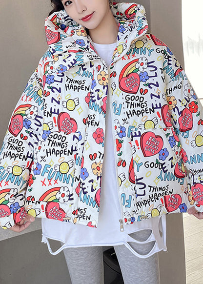 New Pink Hooded Pockets Print Fine Cotton Filled Jackets Winter