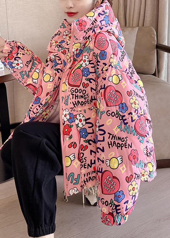 New Pink Hooded Pockets Print Fine Cotton Filled Jackets Winter