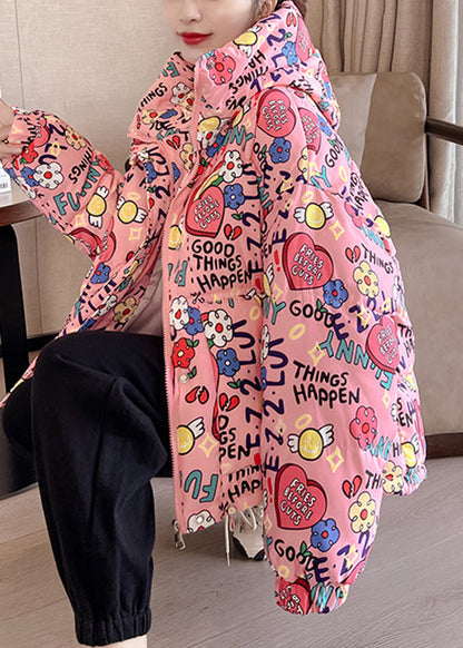 New Pink Hooded Pockets Print Fine Cotton Filled Jackets Winter