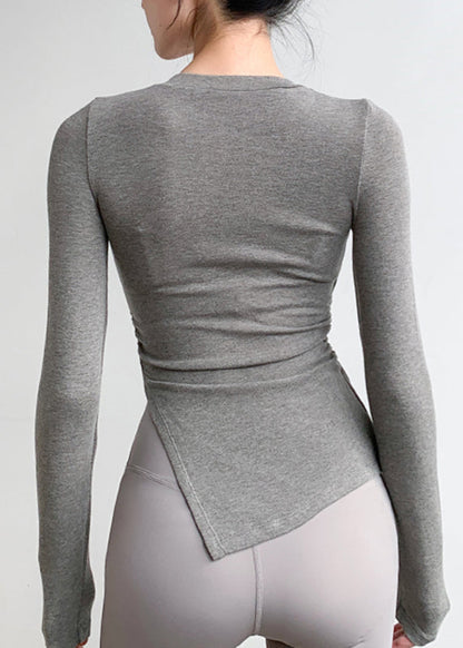 New Pink O-Neck Asymmetrical Long Sleeve Fitting Workout Tops