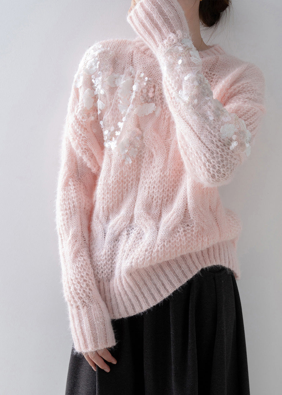 New Pink O Neck Floral Sequins Knit Sweater Tops Spring