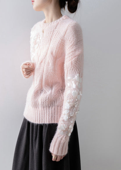 New Pink O Neck Floral Sequins Knit Sweater Tops Spring