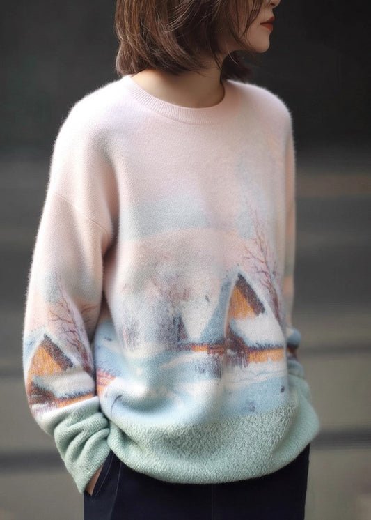 New Pink O Neck Print Cozy Warm Knit Sweater Winter