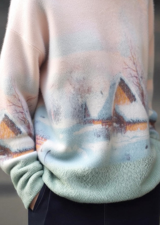 New Pink O Neck Print Cozy Warm Knit Sweater Winter