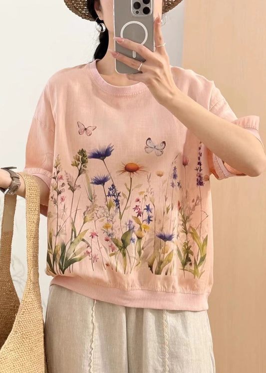 New Pink O Neck Print Linen T Shirts Summer