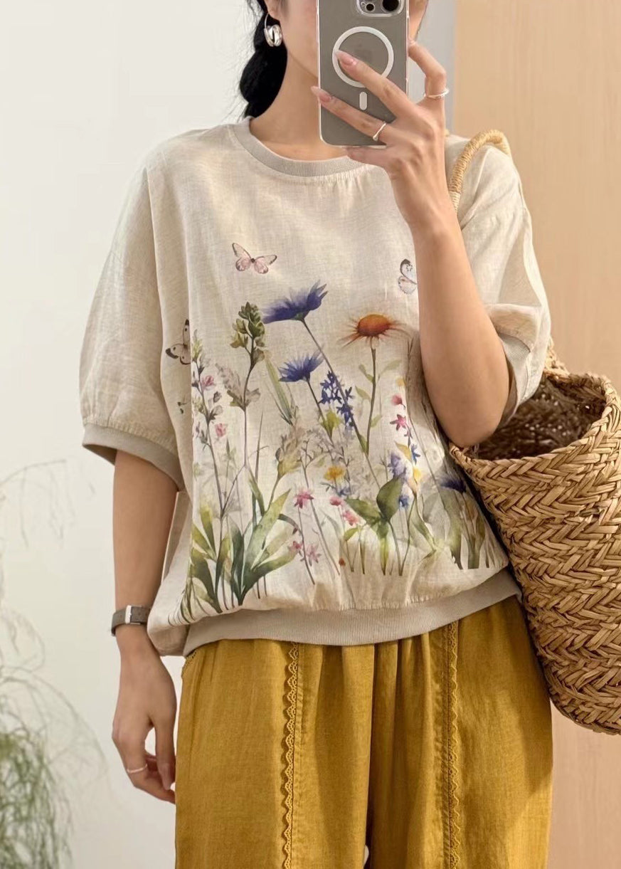 New Pink O Neck Print Linen T Shirts Summer