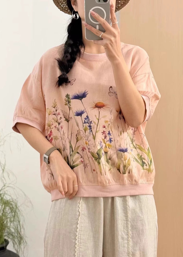New Pink O Neck Print Linen T Shirts Summer