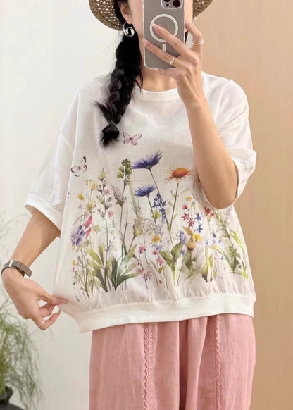 New Pink O Neck Print Linen T Shirts Summer