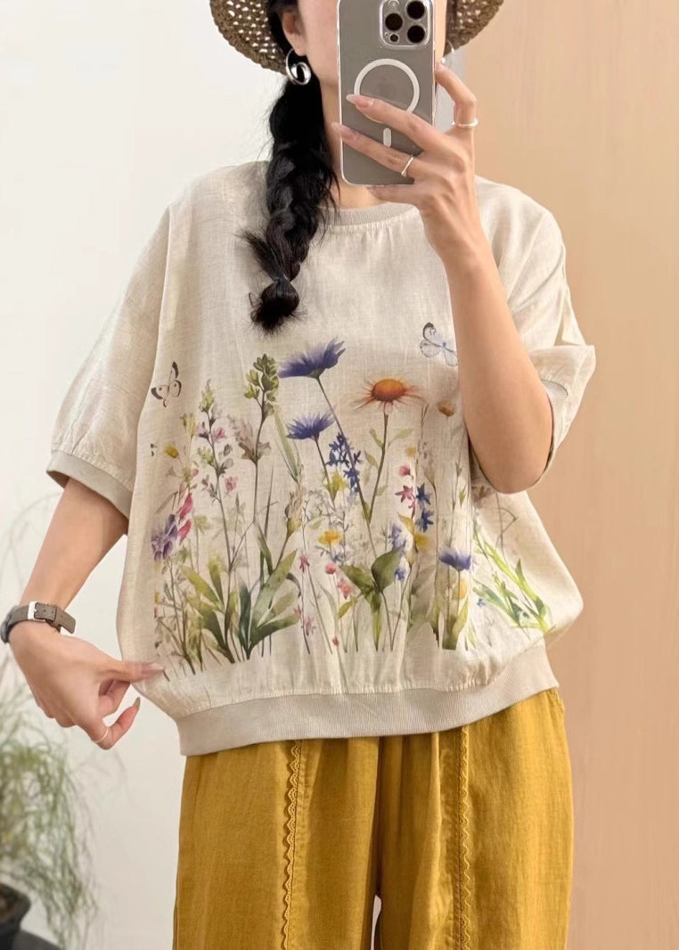 New Pink O Neck Print Linen T Shirts Summer