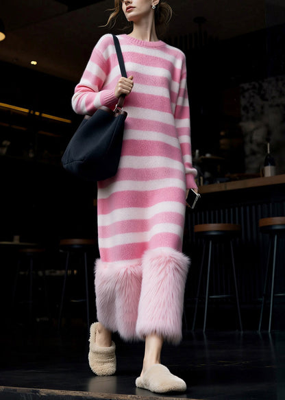 New Pink O Neck Striped Patchwork Knit Long Sweater Dress Spring